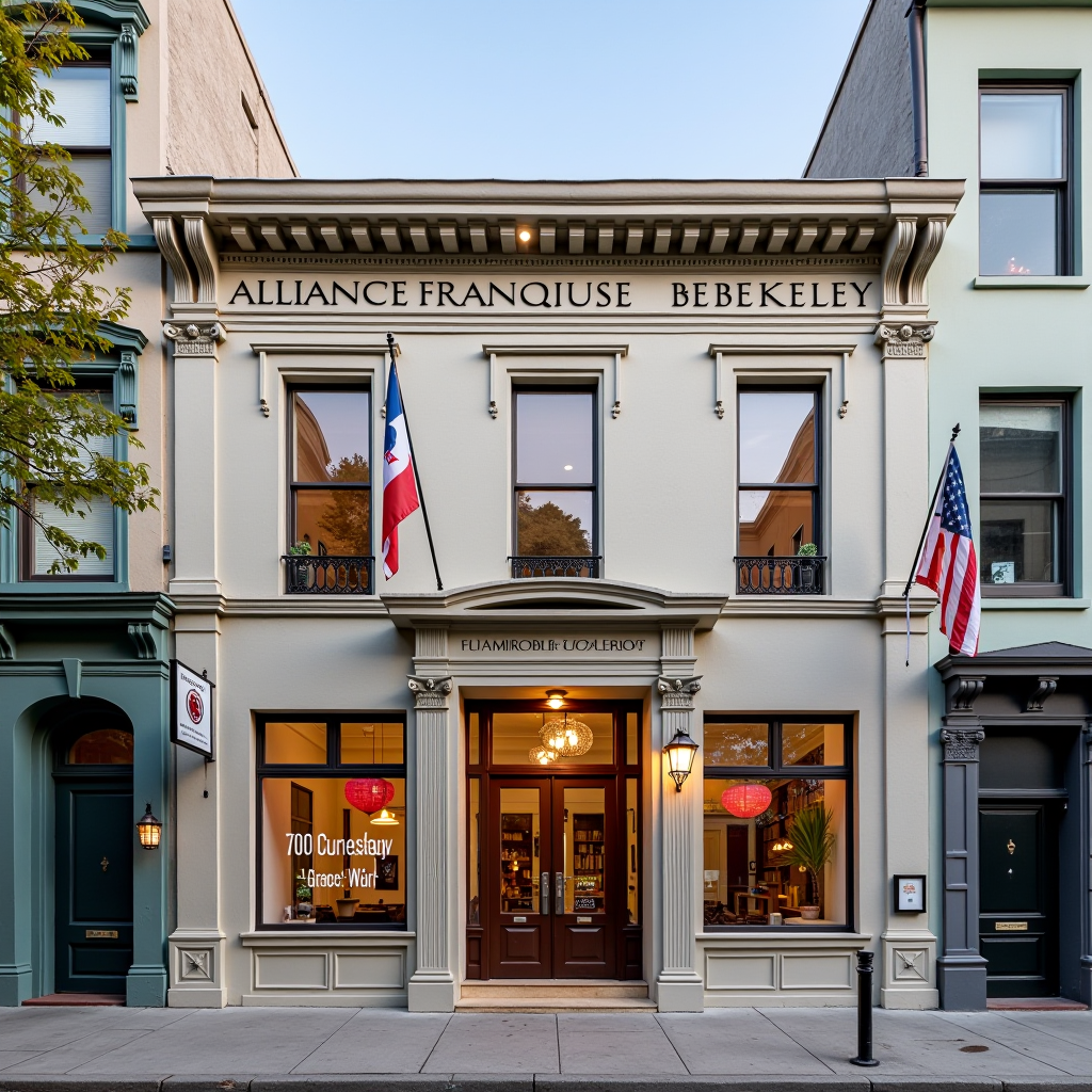 Alliance Française De Berkeley building exterior showing the historic architecture at 2004 Woolsey Street in Berkeley, with French and American flags, welcoming entrance, and cultural signage representing French language education and Francophone cultural heritage