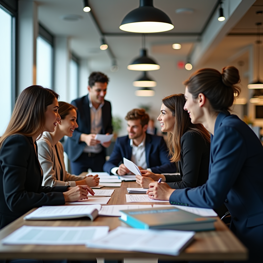 Professional business setting with French language materials, showing diverse professionals in a modern office environment discussing international opportunities, with French textbooks and global business documents visible