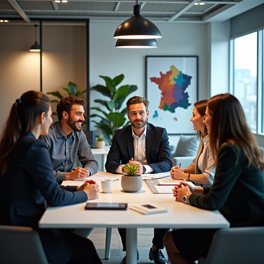 Professional business meeting with diverse team members discussing French language opportunities in modern office setting with French cultural elements visible in background