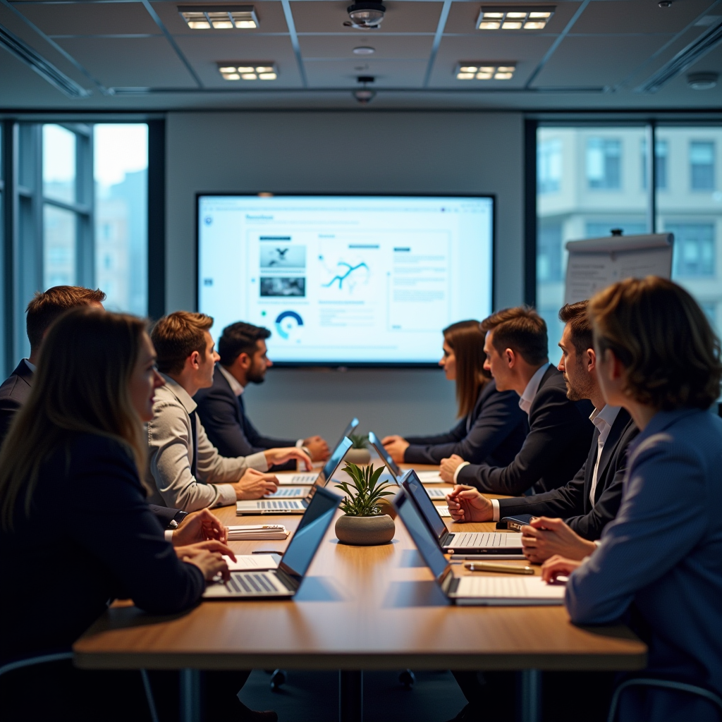 Diverse group of professionals in a modern conference room engaged in a multilingual business meeting, with French documents and presentations visible on screens, representing international collaboration and the importance of French language skills in global business environments