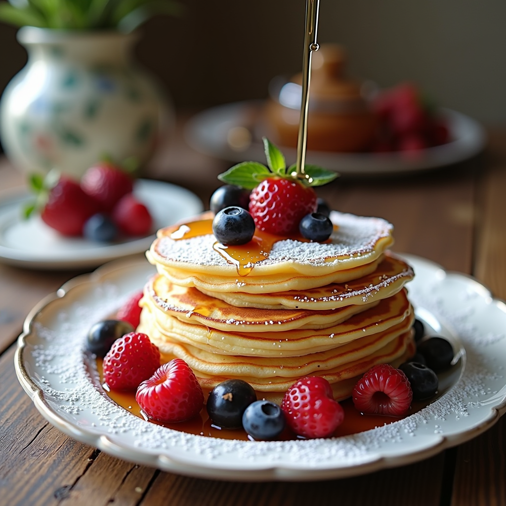 Stack of golden sweet crêpes on an elegant white plate, dusted with powdered sugar, with fresh berries and a drizzle of honey, photographed in soft natural light on a rustic French kitchen table
