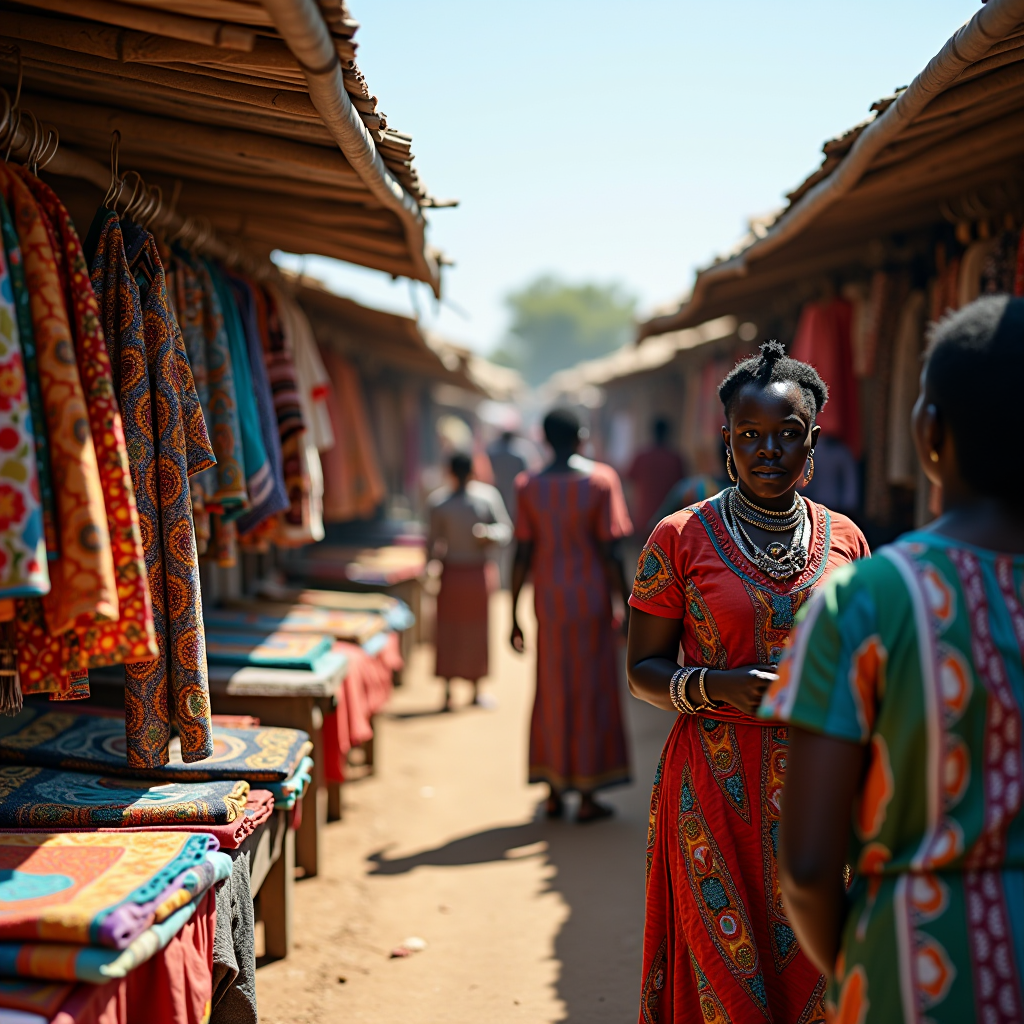 Vibrant African marketplace with colorful traditional textiles, handcrafted goods, and people engaging in cultural exchange, showcasing the rich heritage of Francophone Africa