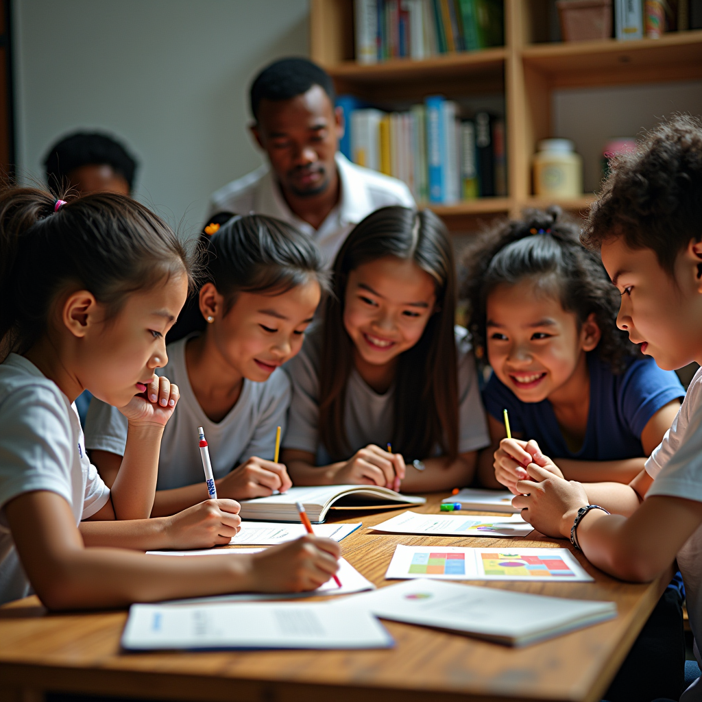 Diverse group of students and community members gathered around a table with educational materials, books, and cultural artifacts, showing the tangible impact of donations on language education programs and community engagement