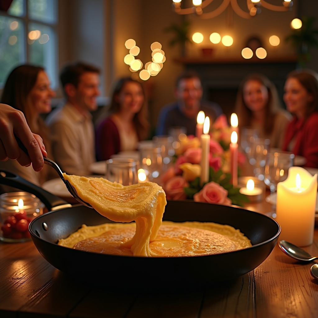 Festive French celebration scene with golden crepes being flipped in a traditional pan, surrounded by French flags, candles, and people gathered around a table celebrating La Chandeleur with joy and traditional decorations