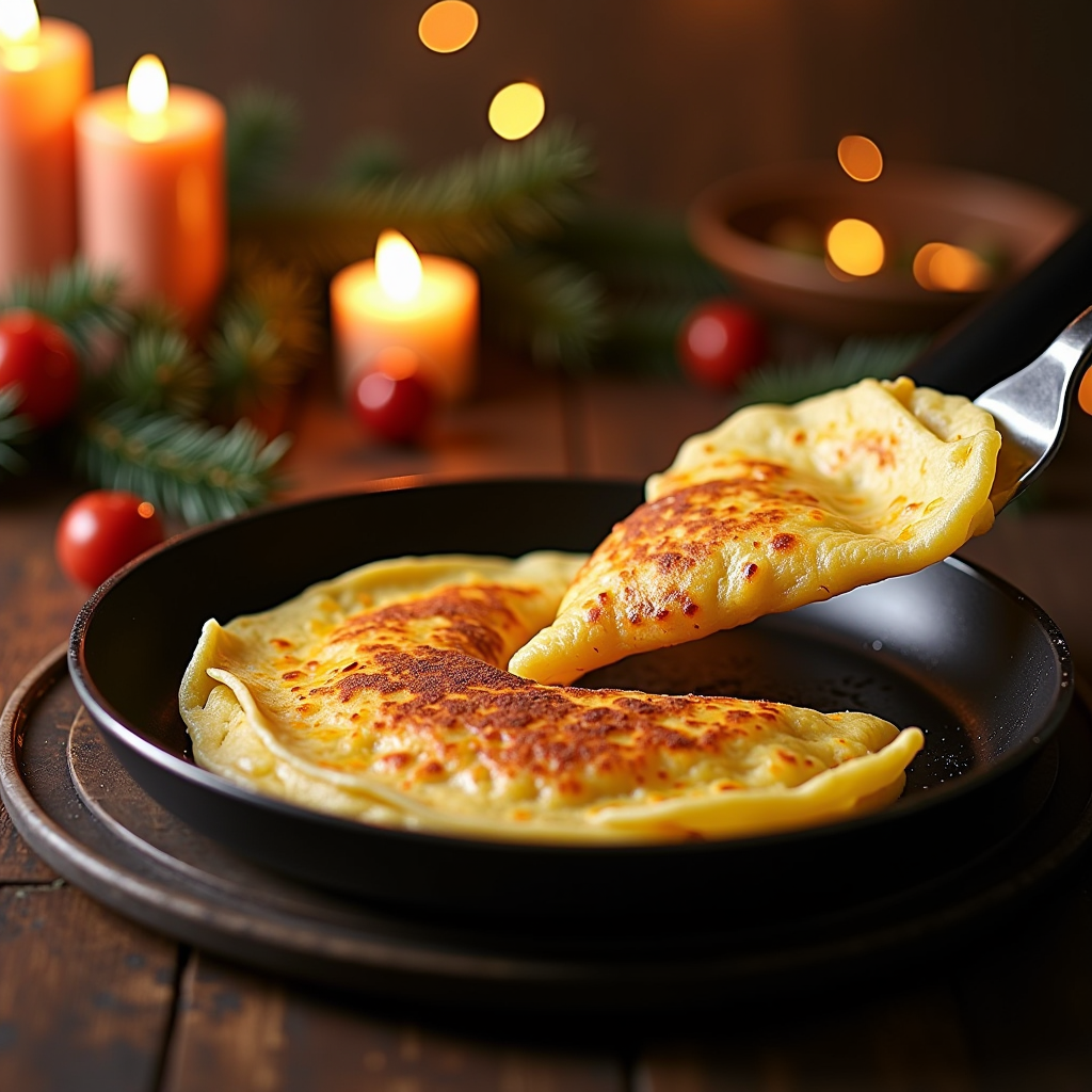 Beautiful golden crepes being flipped in traditional French pan with festive Chandeleur decorations, candles, and French cultural symbols in warm kitchen setting