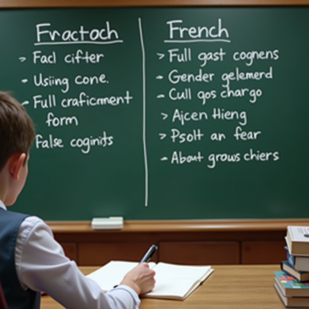 Educational scene showing a student learning French with highlighted common mistakes on a chalkboard, including false cognates, gender agreement errors, and pronunciation guides, with French grammar books and correction marks visible