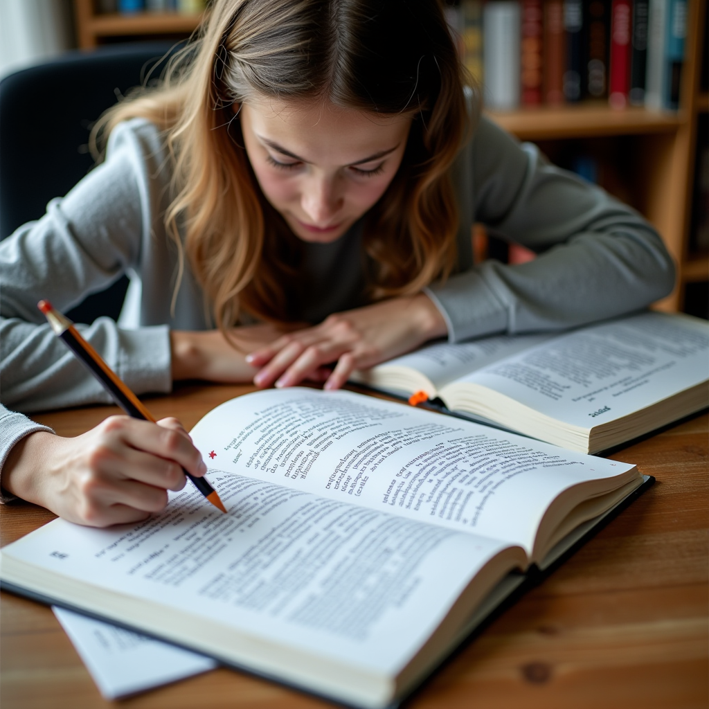 Student studying French with textbooks and notes showing common grammar mistakes highlighted with corrections, educational setting with French language learning materials