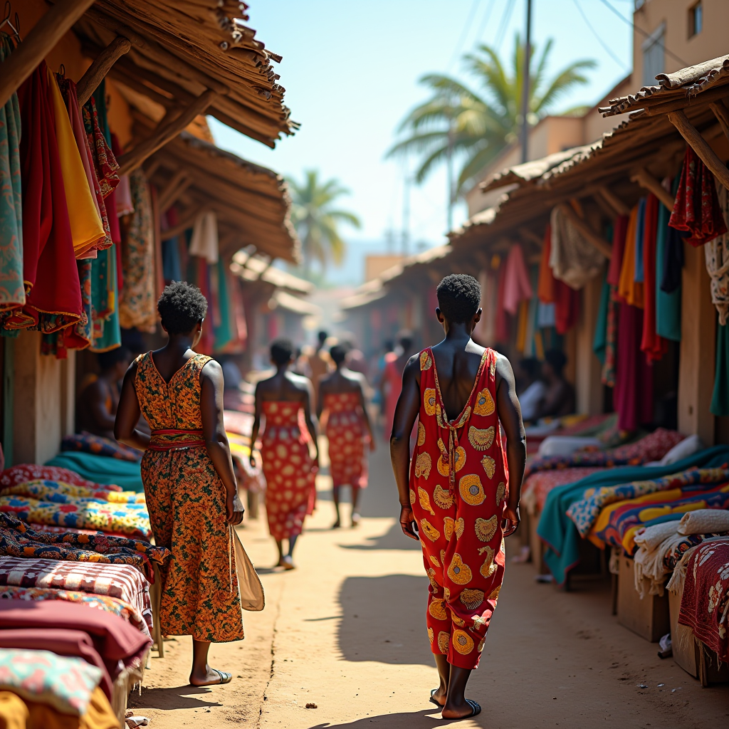 Vibrant African marketplace with colorful textiles, traditional art, and people speaking French, showcasing diverse Francophone African cultural heritage and contemporary life