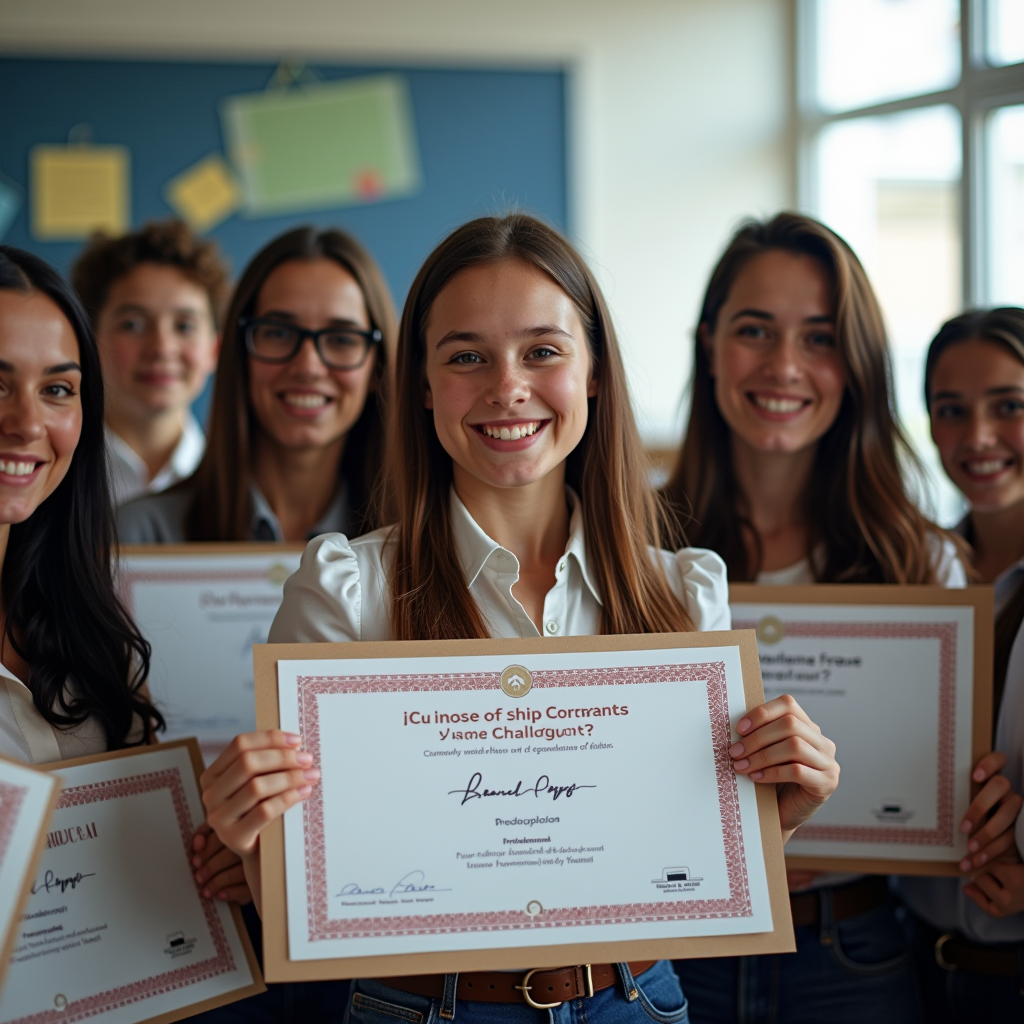 Diverse group of students and teachers in French language classroom celebrating success with scholarship certificates, showing community support and educational achievement